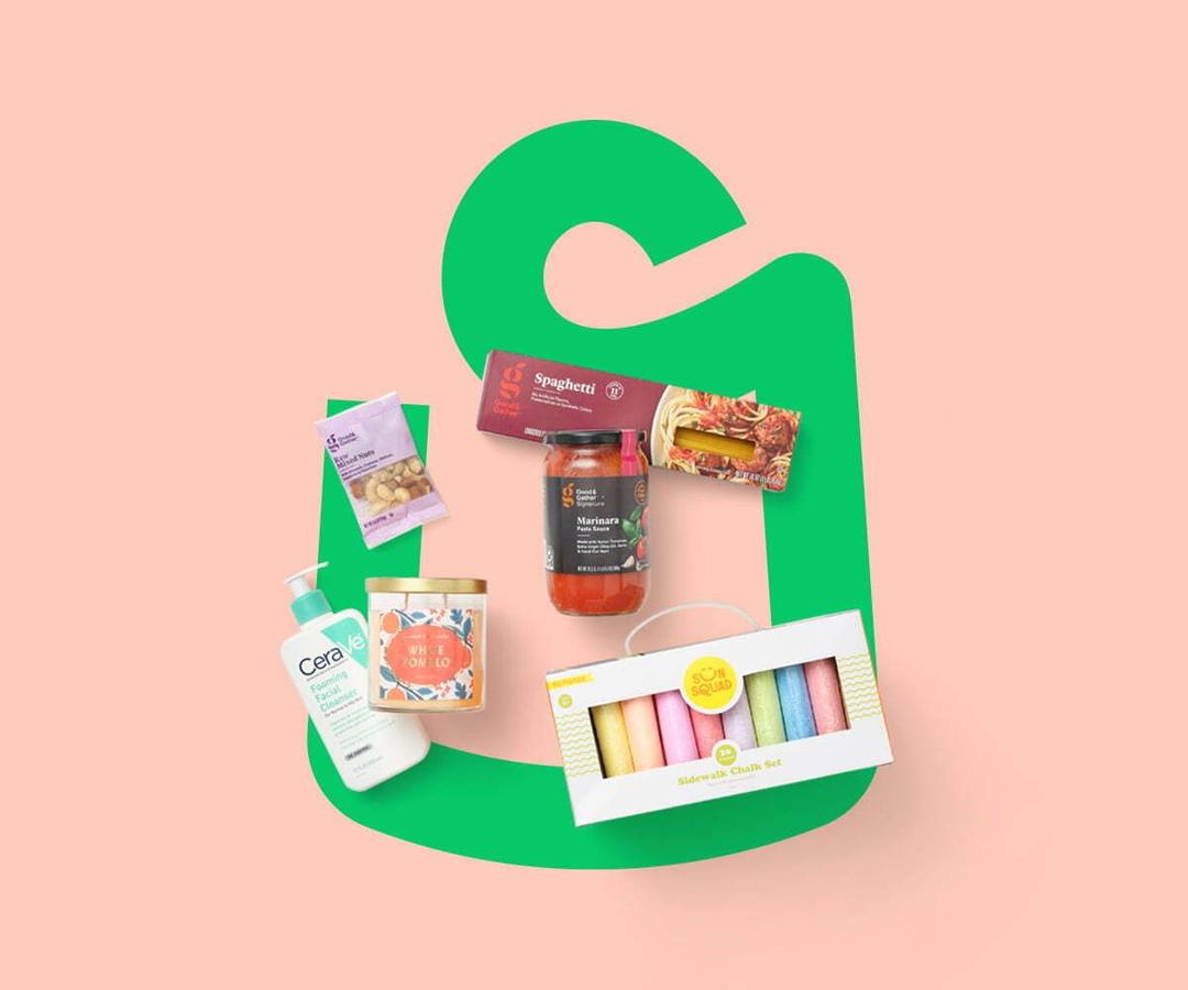 Various grocery and essentials items on a pink background
